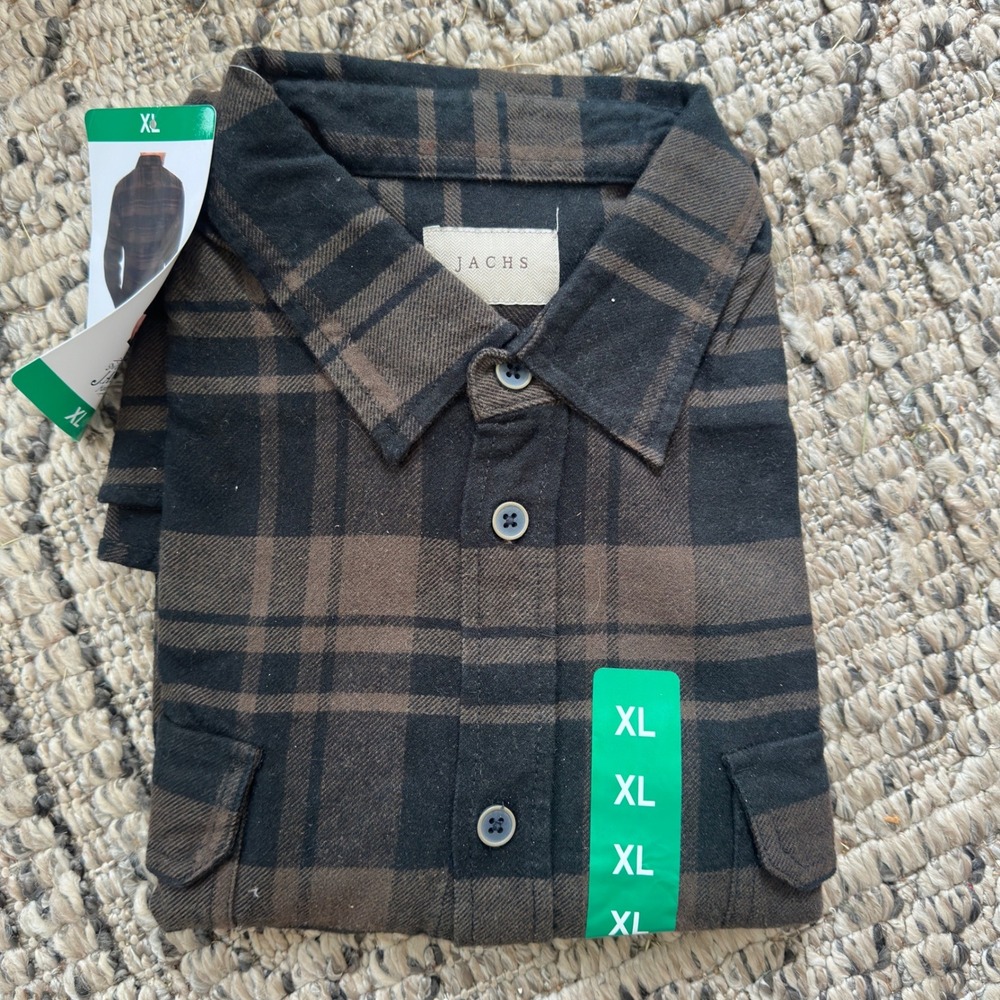 JACHS NY Flannel Shirt New Brown Black Plaid Brushed Cotton Blend XL